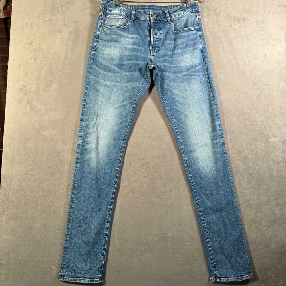 G Star Raw Jeans Mens 34x38 Blue‎ 3301 Slim Light Wash Stretch Denim Button Fly